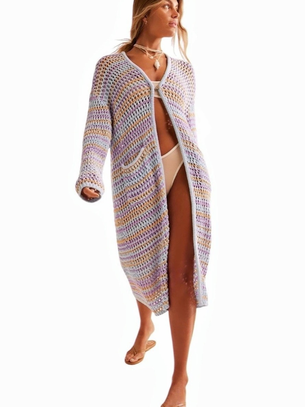 Free People Beach Colette Sweater Cardi in Baby Blue Combo Size Large NWT